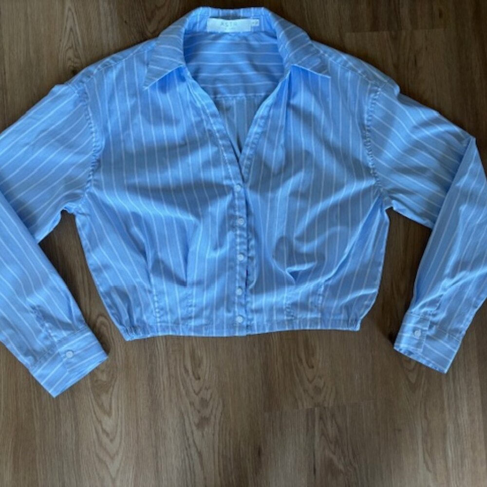 ASTR The Label Y2K Blue Stripe Long Sleeve Oversized Cropped Shirt EUC S - Picture 1 of 5